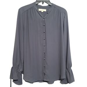 LOFT Bell Ruffle Tie Sleeve Mandarin Collar Blouse Gray Medium NWT